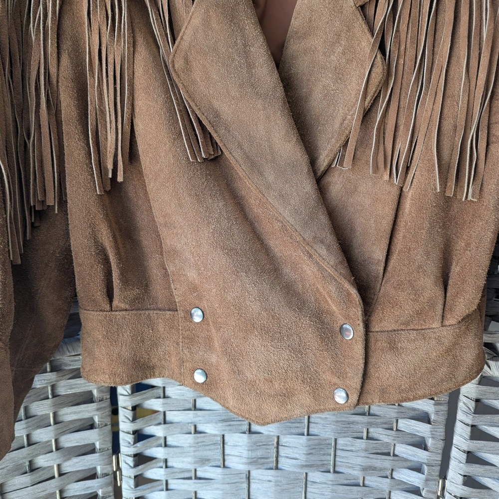 Vtg 80s Taxi Jacket Brown Camel Suede Fringe Western Cropped Womens S Boxy Fit - Picture 10 of 11